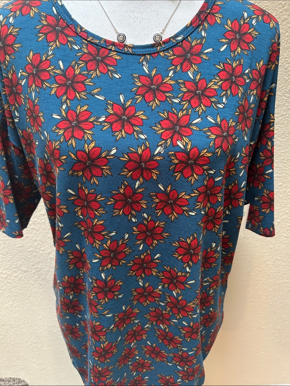 LuLaRoe Blue Tunic with Red Floral Print